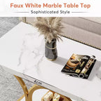 Table basse moderne Lantine de 118 cm à 2 niveaux avec plateau en faux marbre, pieds géométriques, étagère de rangement pour salon (Blanc et Or)
