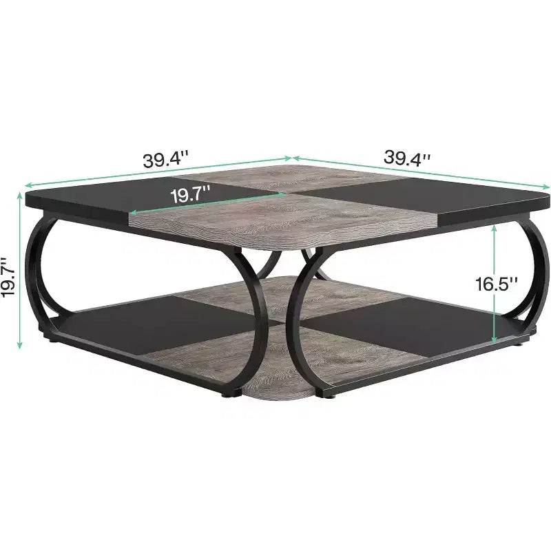 Table basse Lantine de 39 pouces avec étagère de rangement ouverte, grande table basse carrée en bois pour salon, bureau à domicile, gris rustique noir