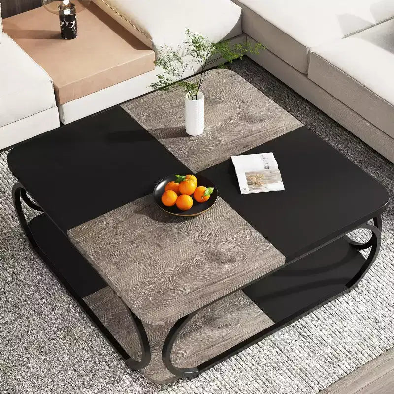 Table basse Lantine de 39 pouces avec étagère de rangement ouverte, grande table basse carrée en bois pour salon, bureau à domicile, gris rustique noir
