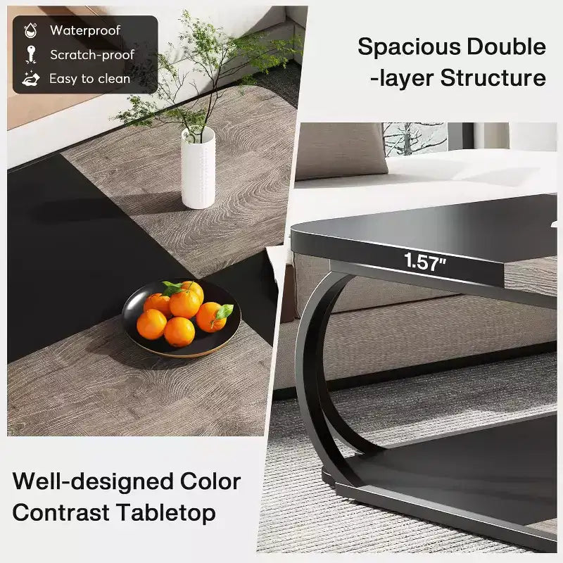 Table basse Lantine de 39 pouces avec étagère de rangement ouverte, grande table basse carrée en bois pour salon, bureau à domicile, gris rustique noir