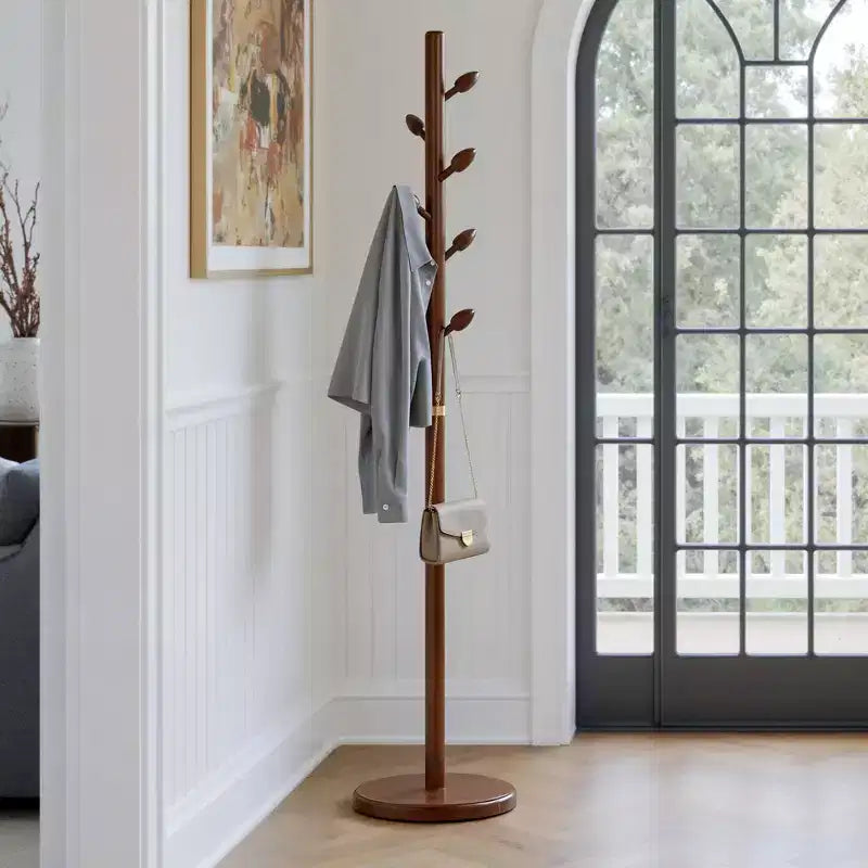 Bekrvio Porte-manteau sur pied en bois avec 8 crochets en forme de bourgeons, base ronde stable, porte-manteau robuste en bois pour couloir et entrée, marron