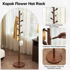 Bekrvio Porte-manteau sur pied en bois avec 8 crochets en forme de bourgeons, base ronde stable, porte-manteau robuste en bois pour couloir et entrée, marron