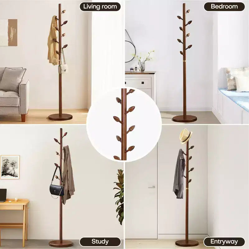 Bekrvio Porte-manteau sur pied en bois avec 8 crochets en forme de bourgeons, base ronde stable, porte-manteau robuste en bois pour couloir et entrée, marron