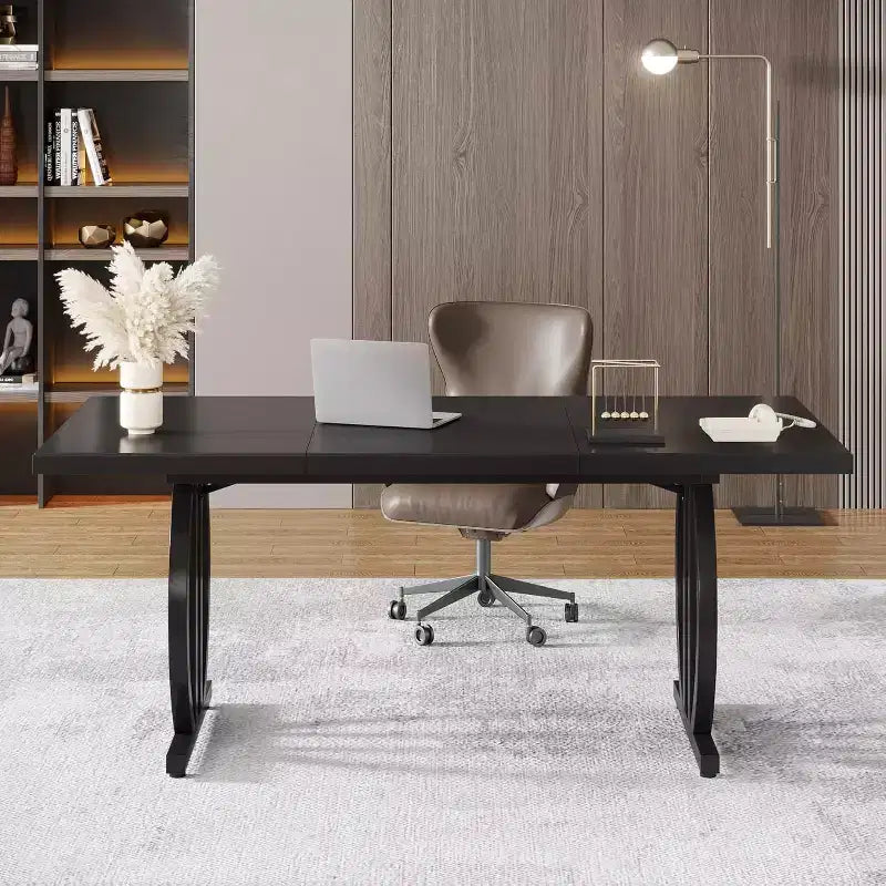 Lantine 63-Inch Computer Desk, Modern Executive Office Desk with Metal Frame for Home Office, Study Writing Table, Light Black