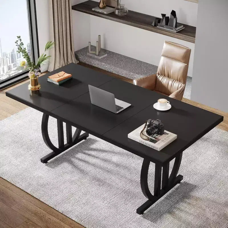 Lantine – Bureau informatique de 160 cm, bureau de direction moderne avec cadre en métal pour bureau à domicile, table d'étude/d'écriture, noir clair