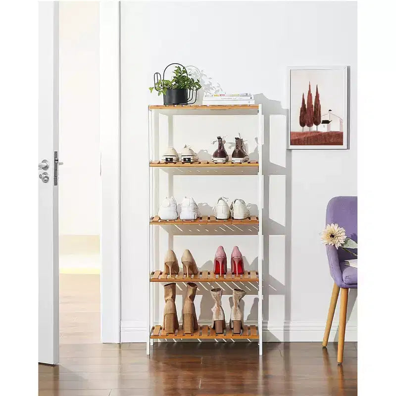 SONGMICS Étagère de Rangement en Bambou, Étagère à 5 Niveaux, Multifonctionnelle, pour Entrée, Salle de Bain, 26 x 60 x 130 cm