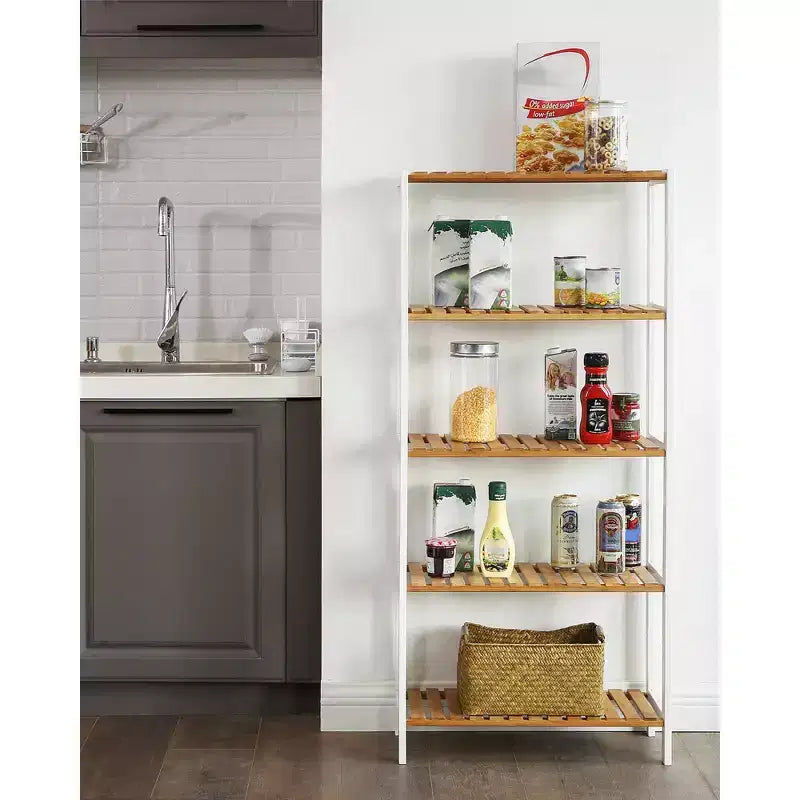 SONGMICS Étagère de Rangement en Bambou, Étagère à 5 Niveaux, Multifonctionnelle, pour Entrée, Salle de Bain, 26 x 60 x 130 cm