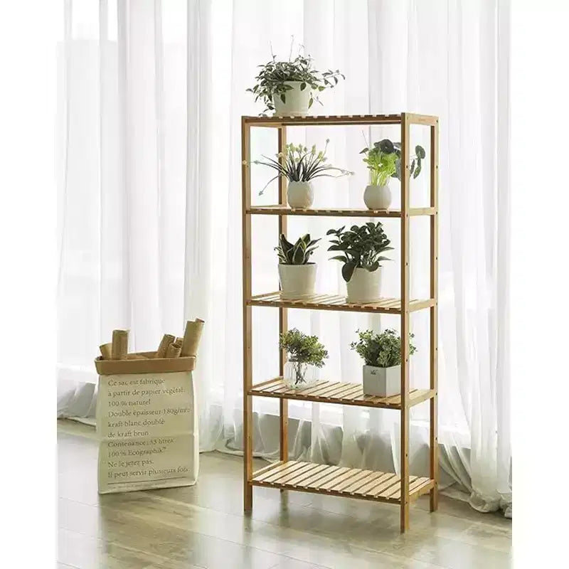 SONGMICS Étagère de Rangement en Bambou, Étagère à 5 Niveaux, Multifonctionnelle, pour Entrée, Salle de Bain, 26 x 60 x 130 cm