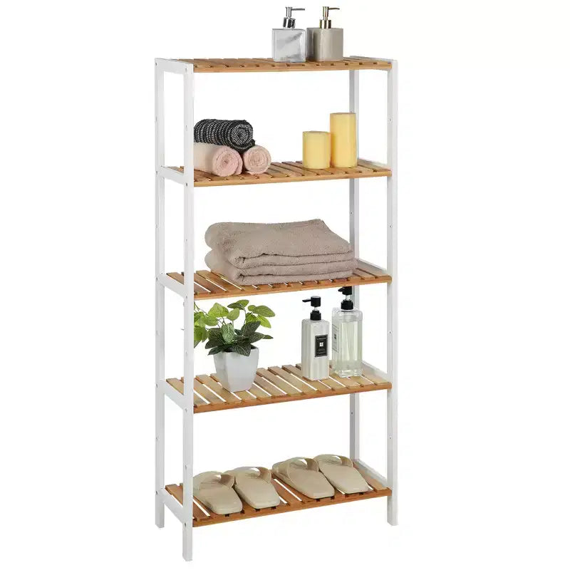SONGMICS Étagère de Rangement en Bambou, Étagère à 5 Niveaux, Multifonctionnelle, pour Entrée, Salle de Bain, 26 x 60 x 130 cm