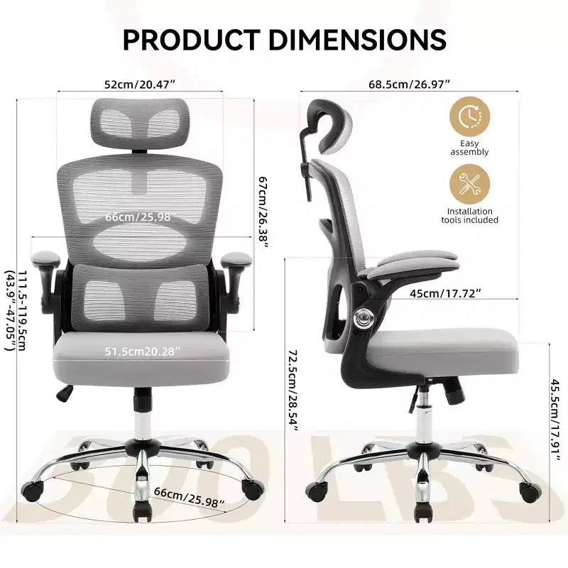 Chaise de bureau ergonomique à dossier haut en maille avec appui-tête et support lombaire, chaise de bureau pivotante réglable pour bureau à domicile