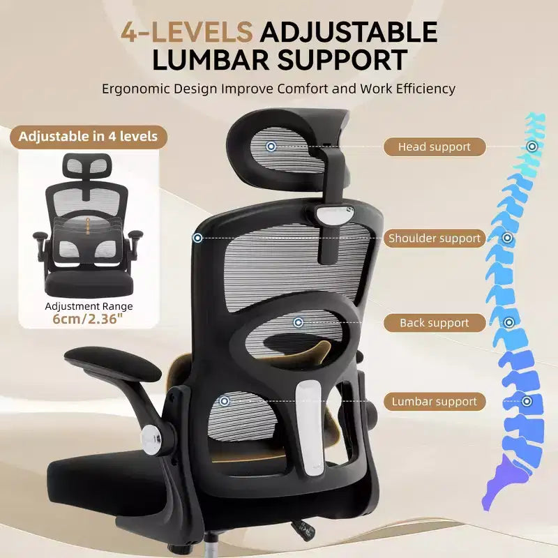 Chaise de bureau ergonomique à dossier haut en maille avec appui-tête et support lombaire, chaise de bureau pivotante réglable pour bureau à domicile