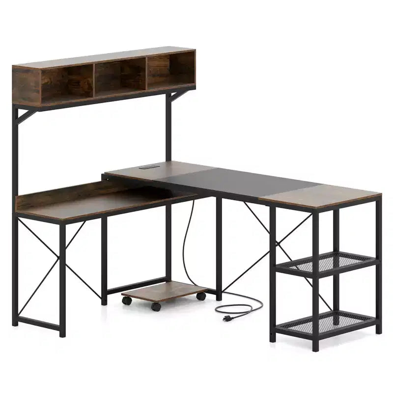 Bureau d'angle en L Costway avec prises de courant, bureau d'angle de 62 po avec étagère de rangement