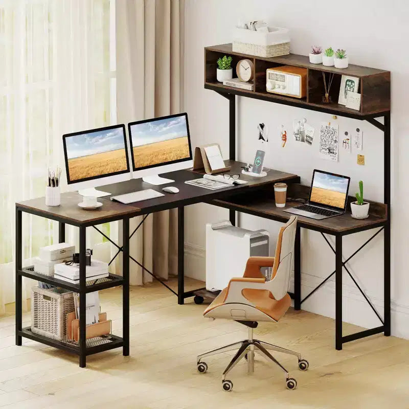 Bureau d'angle en L Costway avec prises de courant, bureau d'angle de 62 po avec étagère de rangement