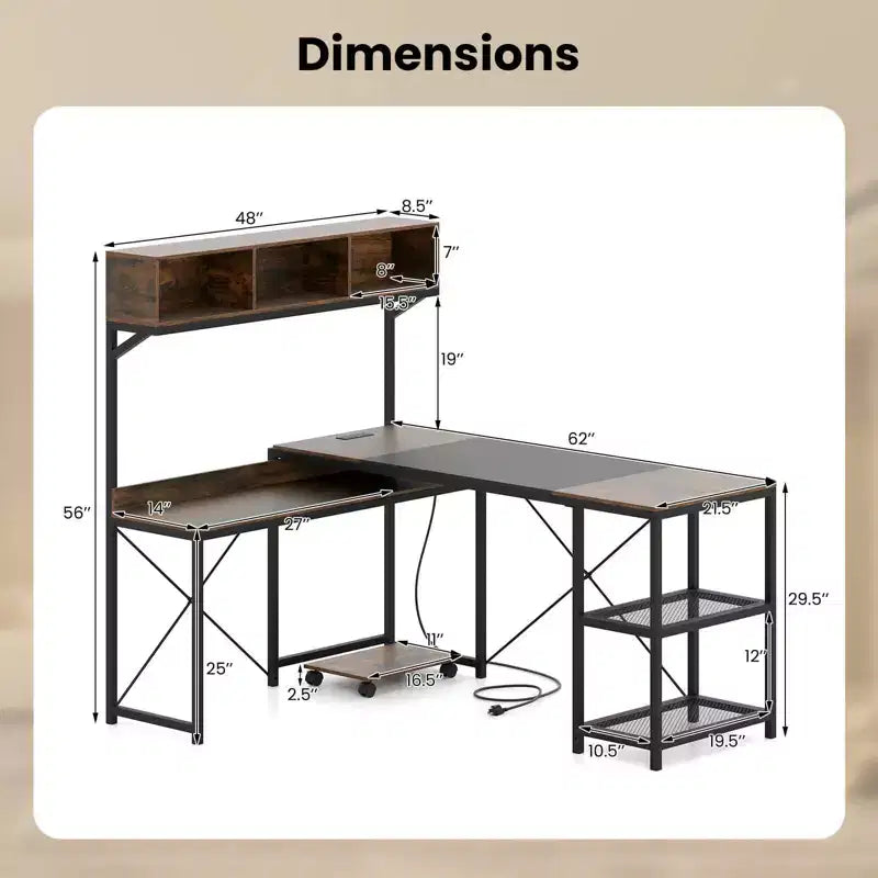 Bureau d'angle en L Costway avec prises de courant, bureau d'angle de 62 po avec étagère de rangement