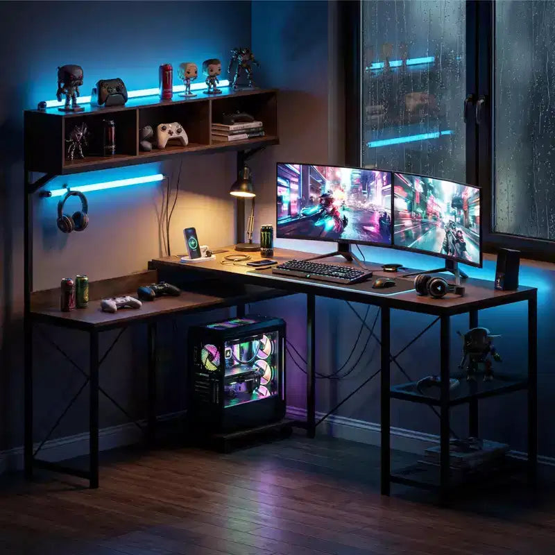 Bureau d'angle en L Costway avec prises de courant, bureau d'angle de 62 po avec étagère de rangement