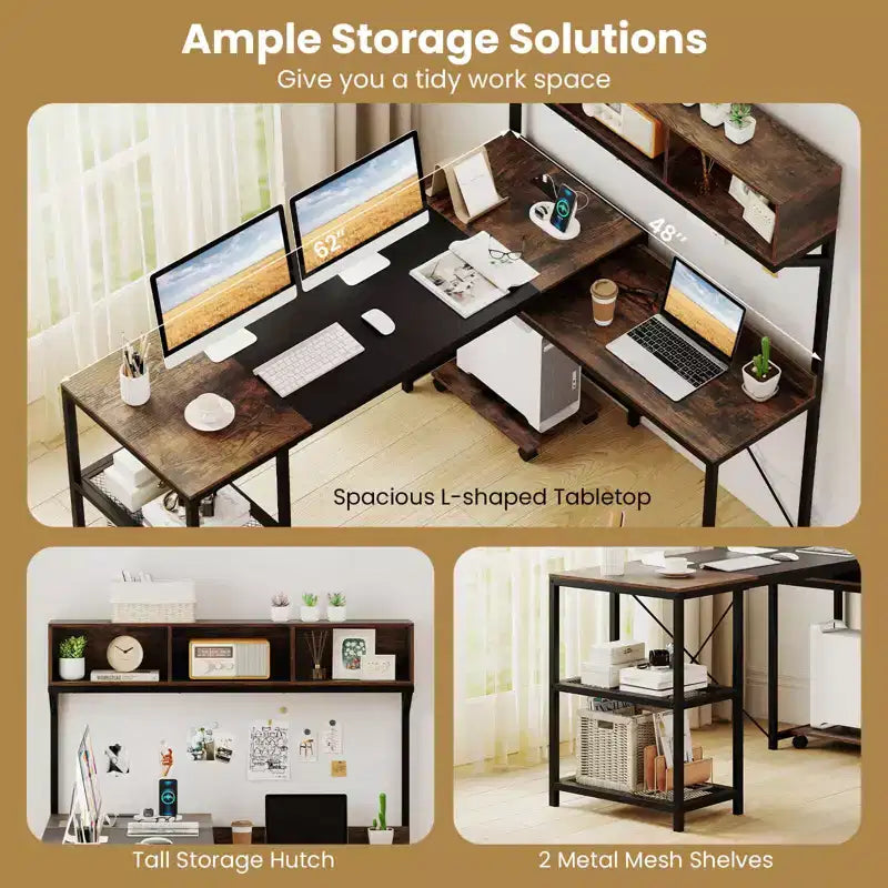 Bureau d'angle en L Costway avec prises de courant, bureau d'angle de 62 po avec étagère de rangement