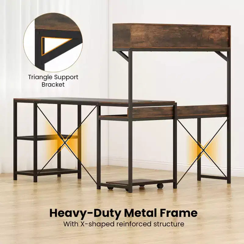 Bureau d'angle en L Costway avec prises de courant, bureau d'angle de 62 po avec étagère de rangement