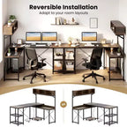 Bureau d'angle en L Costway avec prises de courant, bureau d'angle de 62 po avec étagère de rangement