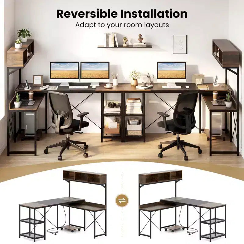 Bureau d'angle en L Costway avec prises de courant, bureau d'angle de 62 po avec étagère de rangement
