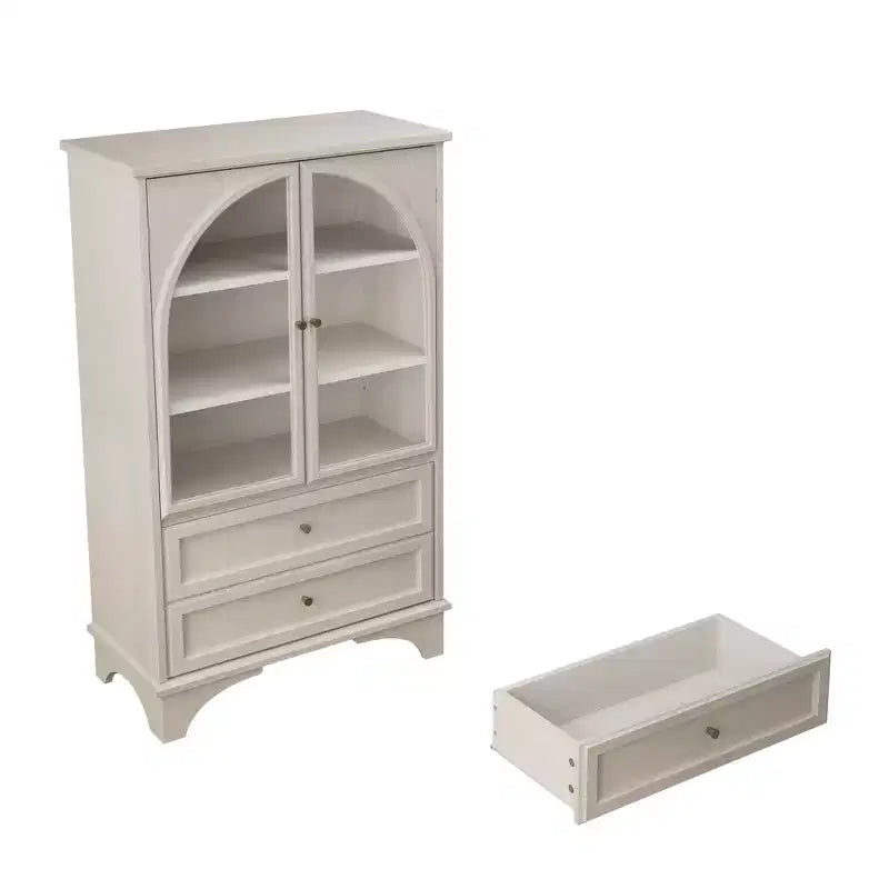 JVNOXK Meuble Vitrine Haute en Verre de 132,5 cm avec Rangement, 2 Tiroirs et Étagères Réglables, pour Salon et Chambre à Coucher, Blanc