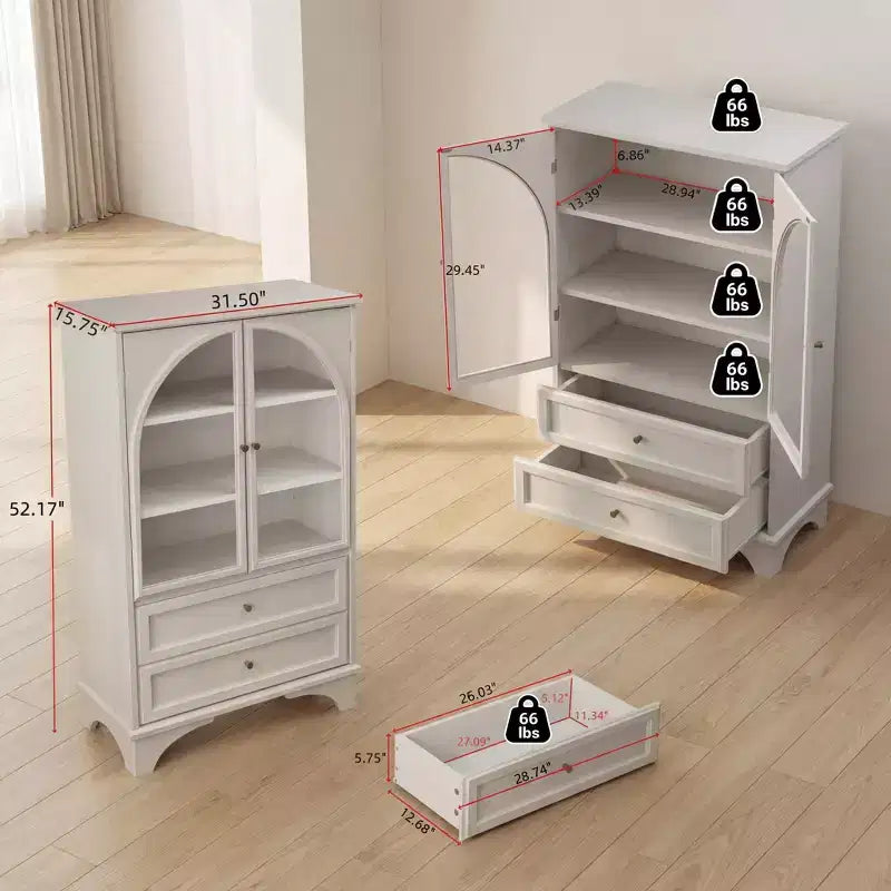 JVNOXK Meuble Vitrine Haute en Verre de 132,5 cm avec Rangement, 2 Tiroirs et Étagères Réglables, pour Salon et Chambre à Coucher, Blanc