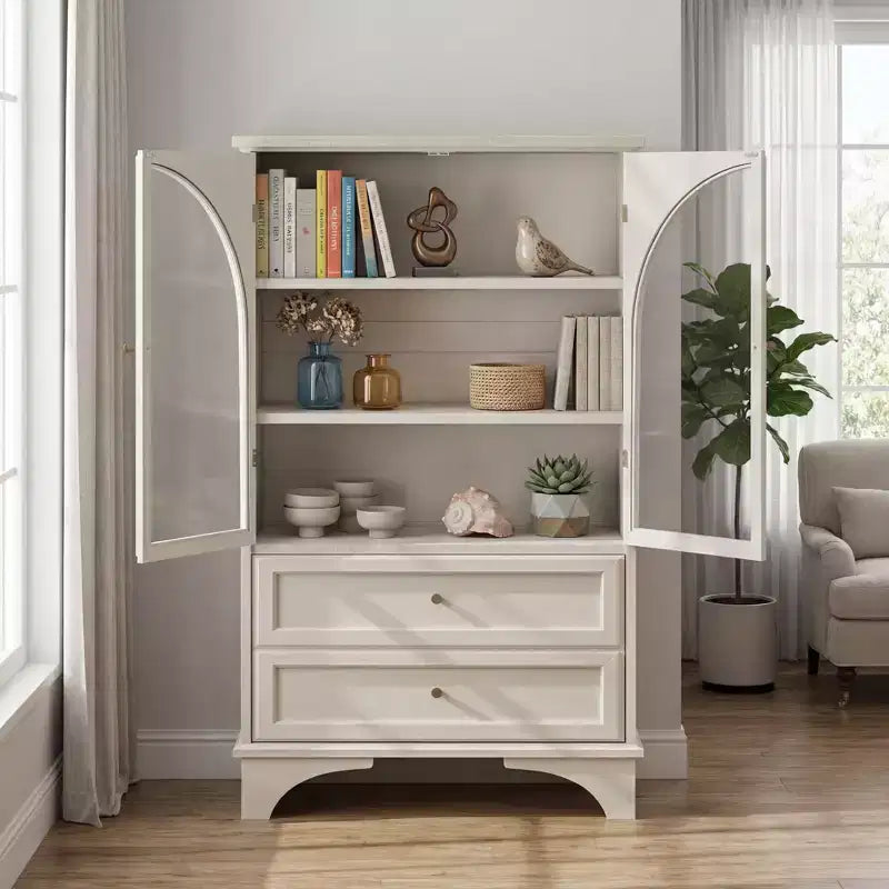 JVNOXK Meuble Vitrine Haute en Verre de 132,5 cm avec Rangement, 2 Tiroirs et Étagères Réglables, pour Salon et Chambre à Coucher, Blanc