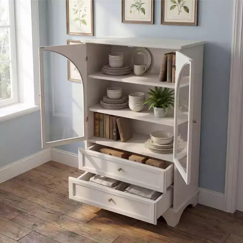 JVNOXK Meuble Vitrine Haute en Verre de 132,5 cm avec Rangement, 2 Tiroirs et Étagères Réglables, pour Salon et Chambre à Coucher, Blanc