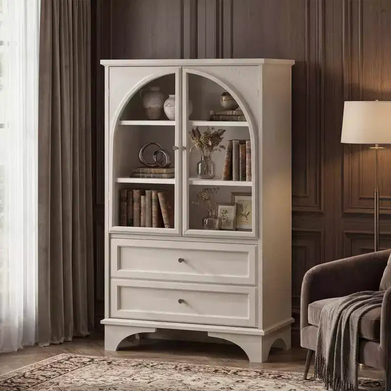 JVNOXK Meuble Vitrine Haute en Verre de 132,5 cm avec Rangement, 2 Tiroirs et Étagères Réglables, pour Salon et Chambre à Coucher, Blanc