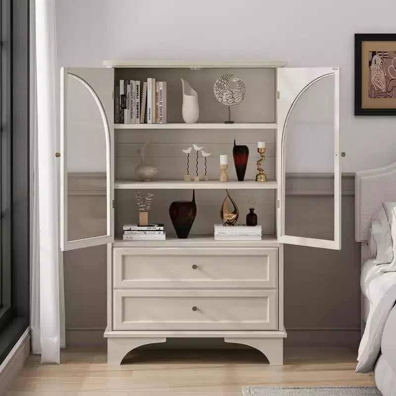 JVNOXK Meuble Vitrine Haute en Verre de 132,5 cm avec Rangement, 2 Tiroirs et Étagères Réglables, pour Salon et Chambre à Coucher, Blanc