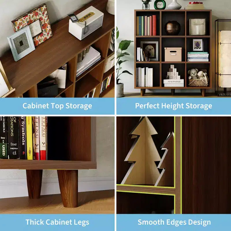Étagère 9 niveaux style moderne du milieu du siècle - Organisateur de rangement cubique en bois marron rustique avec pieds anti-basculement pour salon/bureau à domicile (9 cubes, marron rétro)