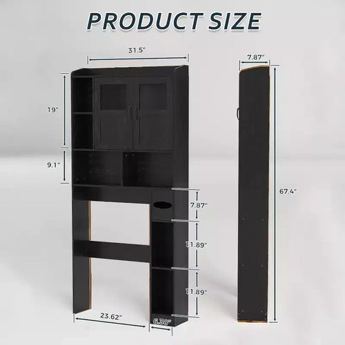 Meuble de rangement de salle de bain réglable au-dessus des toilettes, portes en verre et portes coulissantes de grange, rangement au-dessus des toilettes avec kit anti-basculement pour buanderie, salle de bain
