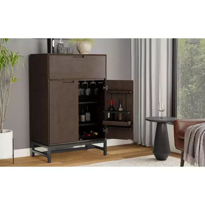 Devlin Armoire de bar moderne industrielle en bois massif de 32 pouces de large, rectangulaire, en noyer brun