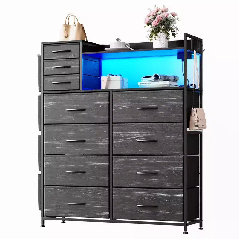 Commode Haute 11 Tiroirs en Tissu avec Plateau en Bois et 4 Poches Latérales Plusieurs Couleurs et Motifs (Rayures Tigre, Gris Foncé) pour Rangement de Chambre