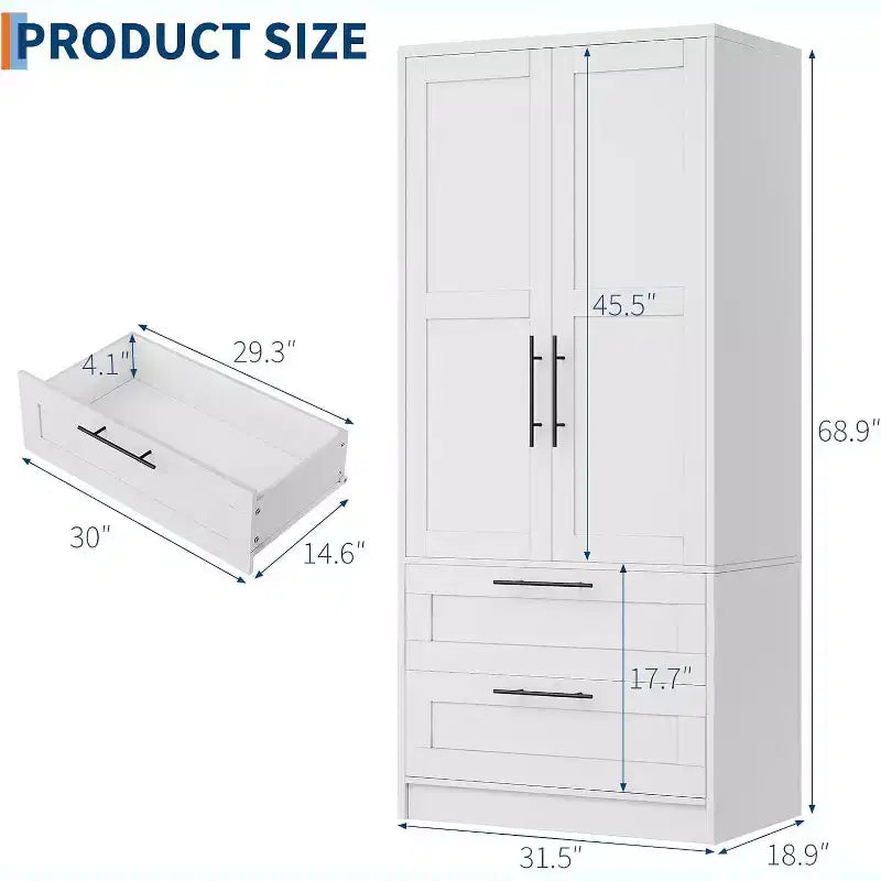 Armoire de chambre en bois avec 2 tiroirs, meuble de rangement haut de 178 cm avec 2 portes, armoire à vêtements moderne avec tringles à suspendre, blanc