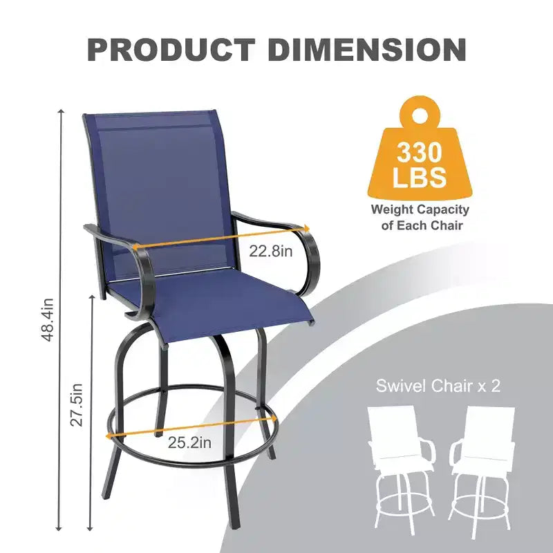 Lot de 2 tabourets de bar de patio pivotants à 360°, chaises de jardin hautes avec accoudoirs, cadre en métal résistant aux intempéries pour terrasse, pelouse, jardin
