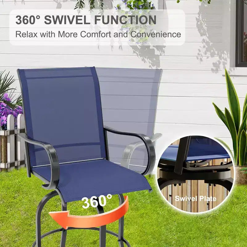 Lot de 2 tabourets de bar de patio pivotants à 360°, chaises de jardin hautes avec accoudoirs, cadre en métal résistant aux intempéries pour terrasse, pelouse, jardin