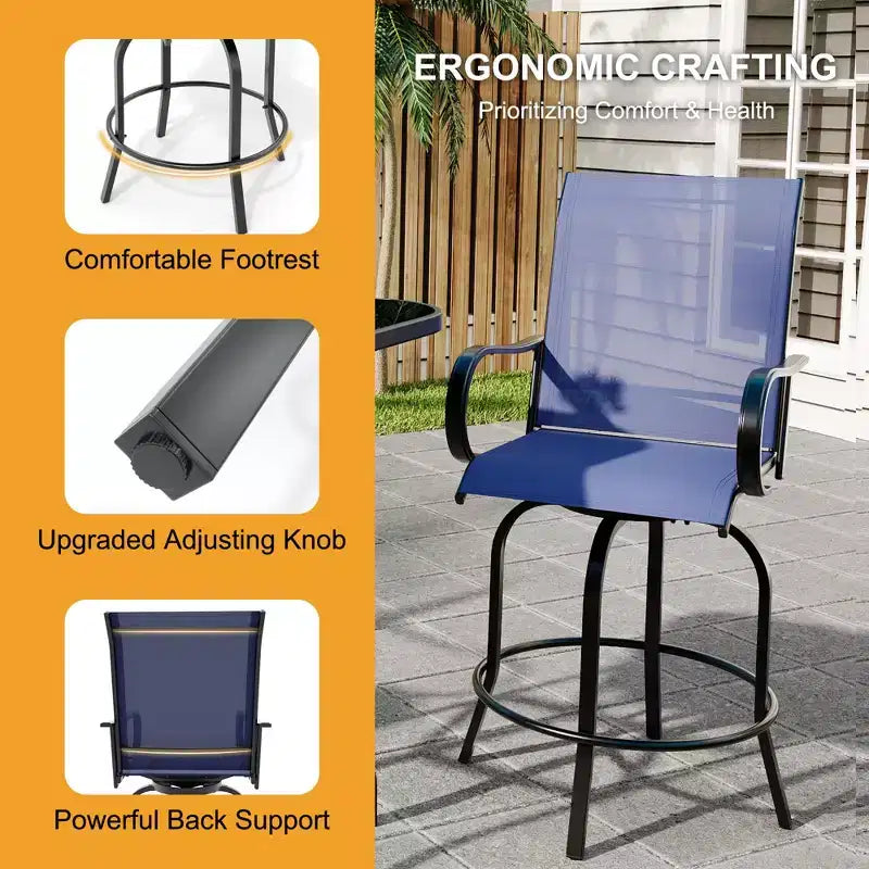 Lot de 2 tabourets de bar de patio pivotants à 360°, chaises de jardin hautes avec accoudoirs, cadre en métal résistant aux intempéries pour terrasse, pelouse, jardin