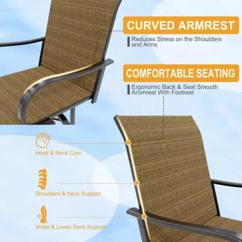 Lot de 2 tabourets de bar de patio pivotants à 360°, chaises de jardin hautes avec accoudoirs, cadre en métal résistant aux intempéries pour terrasse, pelouse, jardin