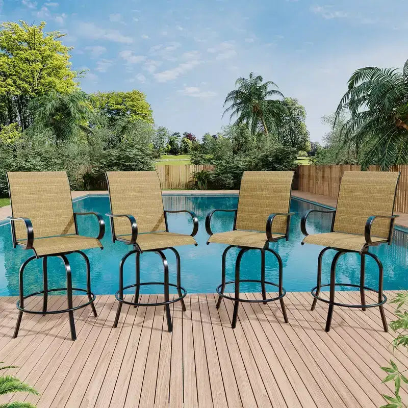 Lot de 2 tabourets de bar de patio pivotants à 360°, chaises de jardin hautes avec accoudoirs, cadre en métal résistant aux intempéries pour terrasse, pelouse, jardin