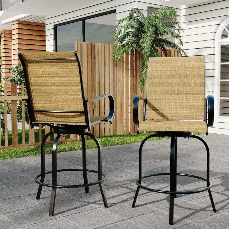 Lot de 2 tabourets de bar de patio pivotants à 360°, chaises de jardin hautes avec accoudoirs, cadre en métal résistant aux intempéries pour terrasse, pelouse, jardin