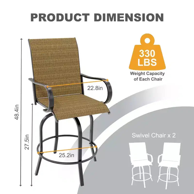 Lot de 2 tabourets de bar de patio pivotants à 360°, chaises de jardin hautes avec accoudoirs, cadre en métal résistant aux intempéries pour terrasse, pelouse, jardin
