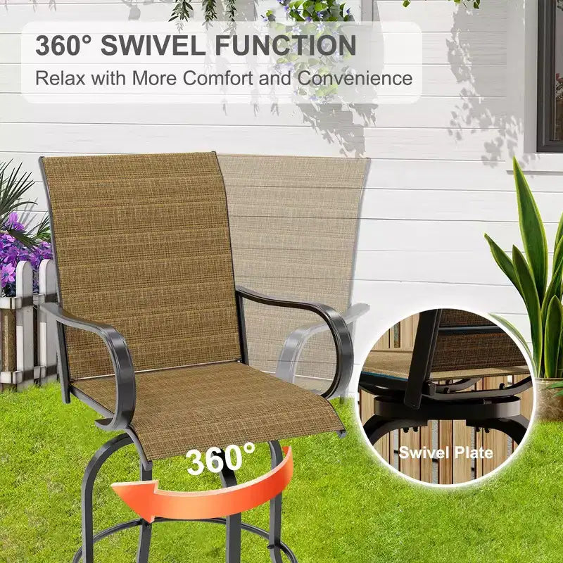 Lot de 2 tabourets de bar de patio pivotants à 360°, chaises de jardin hautes avec accoudoirs, cadre en métal résistant aux intempéries pour terrasse, pelouse, jardin