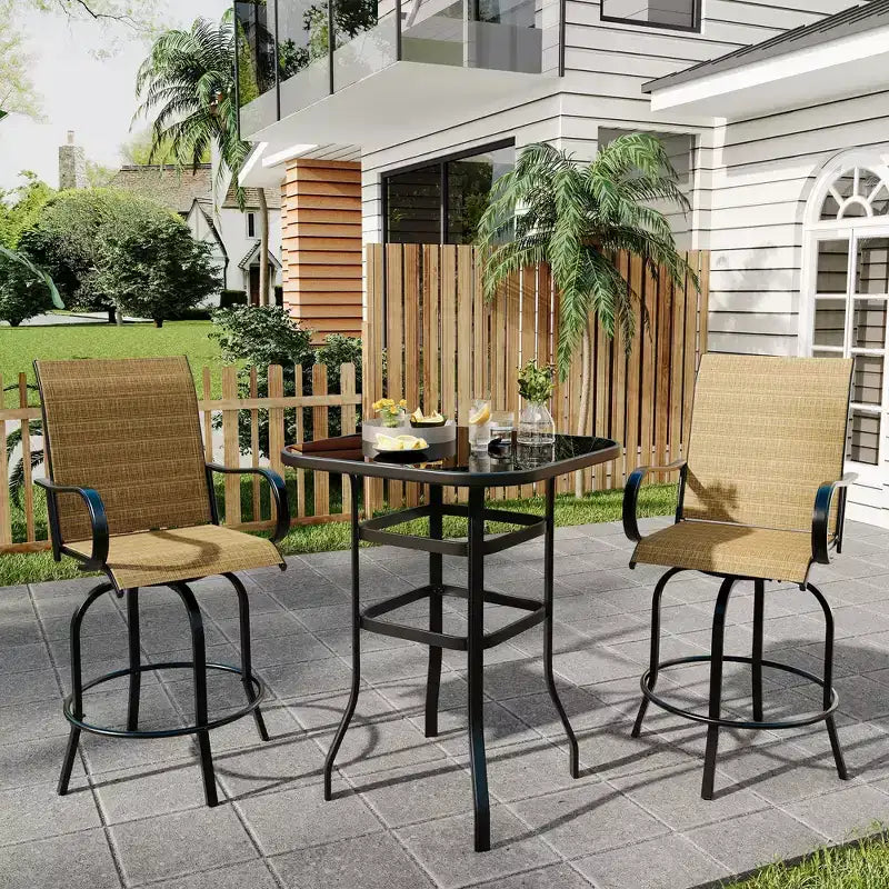 Lot de 2 tabourets de bar de patio pivotants à 360°, chaises de jardin hautes avec accoudoirs, cadre en métal résistant aux intempéries pour terrasse, pelouse, jardin