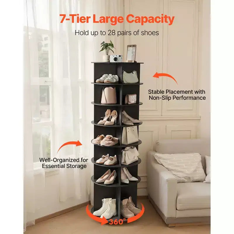 Étagère à chaussures rotative VEVOR à 7 niveaux, tour à chaussures pivotante à 360°, présentoir rond rotatif, présentoir autoportant Lazy Susan, noir