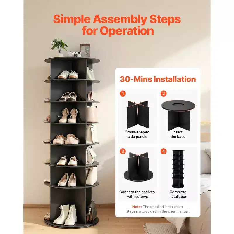 Étagère à chaussures rotative VEVOR à 7 niveaux, tour à chaussures pivotante à 360°, présentoir rond rotatif, présentoir autoportant Lazy Susan, noir