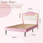 Cadre de lit rembourré à LED, lit plateforme princesse double avec tête de lit en tissu et lattes en bois, aucun sommier tapissier requis en rose et blanc