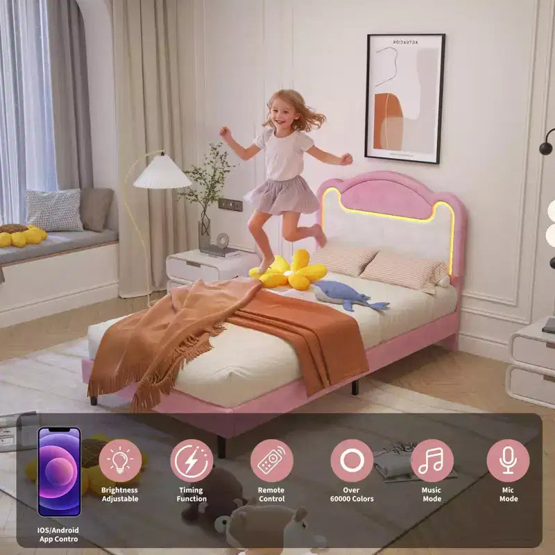 Cadre de lit rembourré à LED, lit plateforme princesse double avec tête de lit en tissu et lattes en bois, aucun sommier tapissier requis en rose et blanc