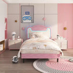 Cadre de lit rembourré à LED, lit plateforme princesse double avec tête de lit en tissu et lattes en bois, aucun sommier tapissier requis en rose et blanc