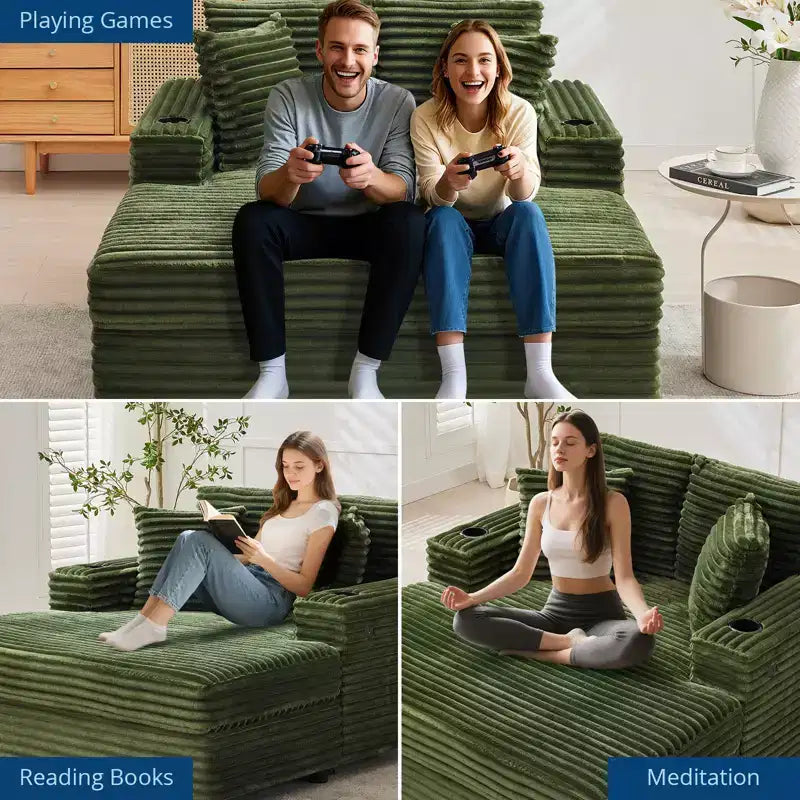 Fauteuil Chaise Longue Surdimensionné d'Intérieur, Canapé Lounge en Velours Côtelé, Porte-Gobelets et Coussins Décoratifs, pour la Maison, la Chambre, le Bureau