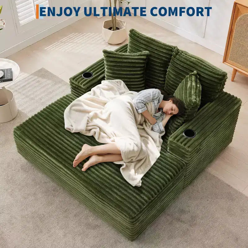 Fauteuil Chaise Longue Surdimensionné d'Intérieur, Canapé Lounge en Velours Côtelé, Porte-Gobelets et Coussins Décoratifs, pour la Maison, la Chambre, le Bureau